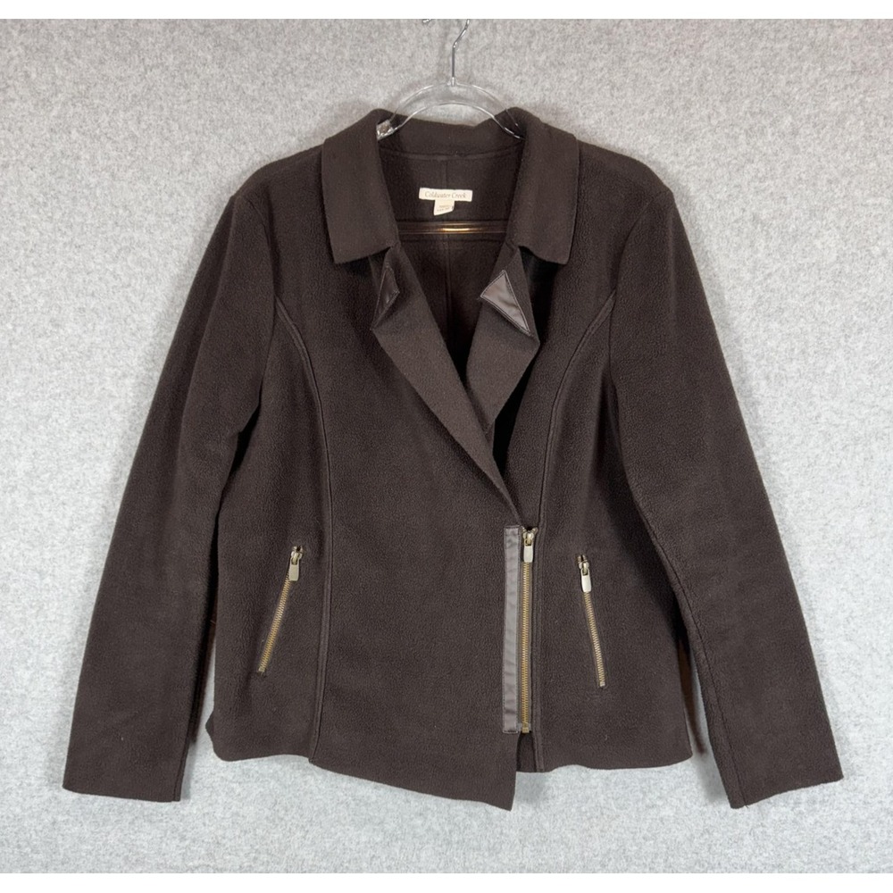 Coldwater Creek Jacket Womens Large Brown Fleece Asymmetrical Zip Pockets Casual